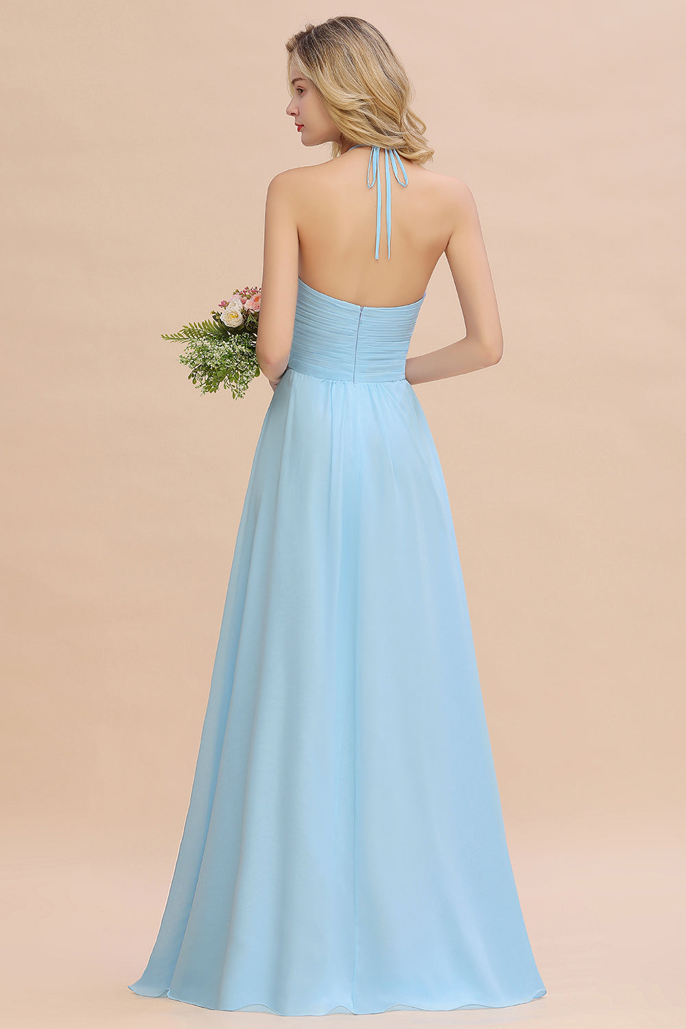 Glamorous Halter Backless Long Affordable Bridesmaid Dresses with Ruffle-Babyonlines