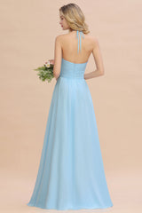 Glamorous Halter Backless Long Affordable Bridesmaid Dresses with Ruffle-Babyonlines