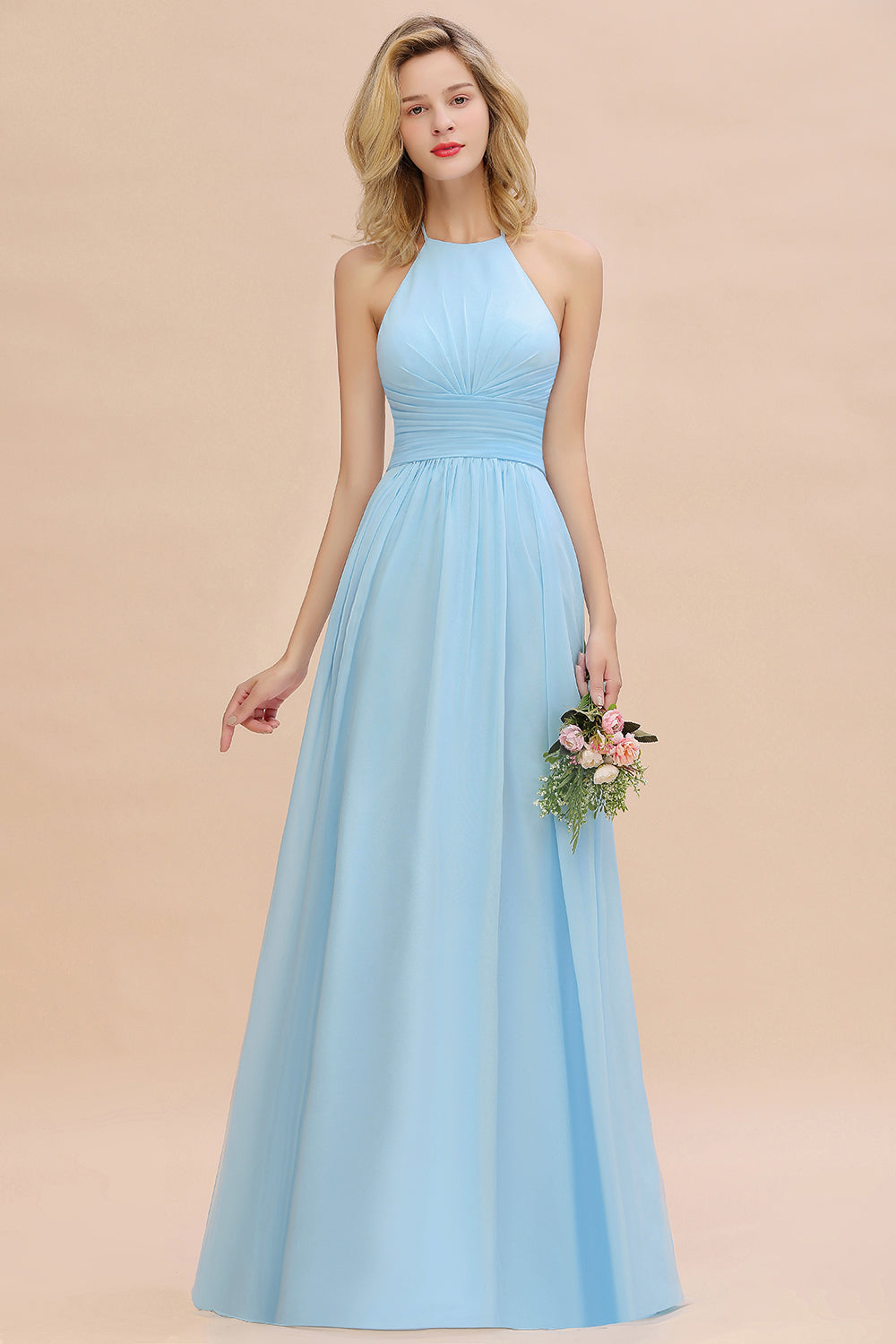 Glamorous Halter Backless Long Affordable Bridesmaid Dresses with Ruffle-Babyonlines
