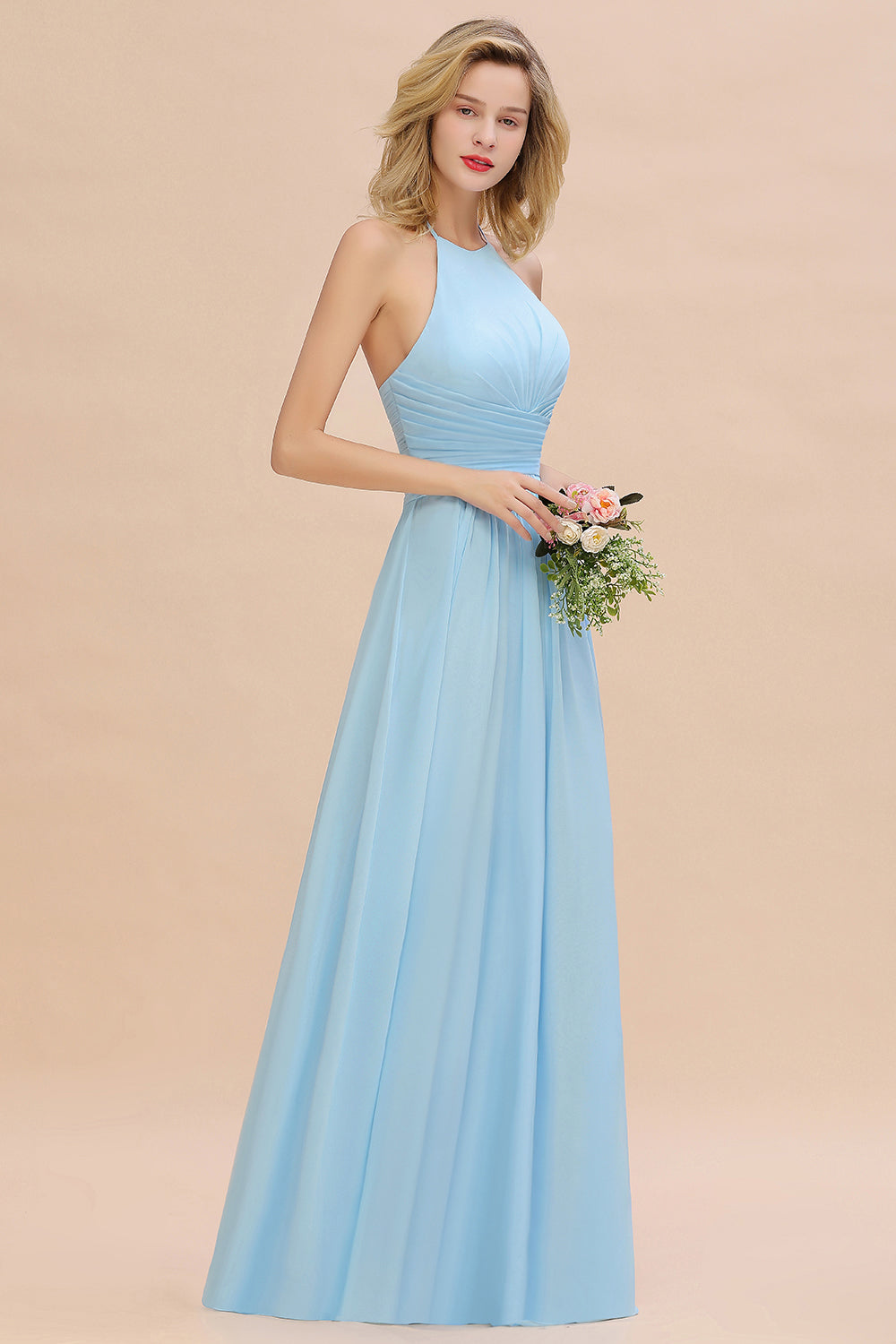 Glamorous Halter Backless Long Affordable Bridesmaid Dresses with Ruffle-Babyonlines
