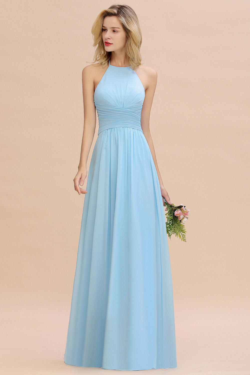 Glamorous Halter Backless Long Affordable Bridesmaid Dresses with Ruffle-Babyonlines