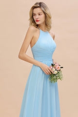 Glamorous Halter Backless Long Affordable Bridesmaid Dresses with Ruffle-Babyonlines