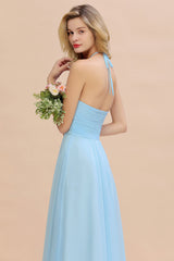 Glamorous Halter Backless Long Affordable Bridesmaid Dresses with Ruffle-Babyonlines