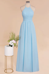 Glamorous Halter Backless Long Affordable Bridesmaid Dresses with Ruffle-Babyonlines