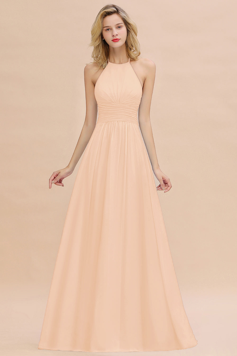 Glamorous Halter Backless Long Affordable Bridesmaid Dresses with Ruffle-Babyonlines
