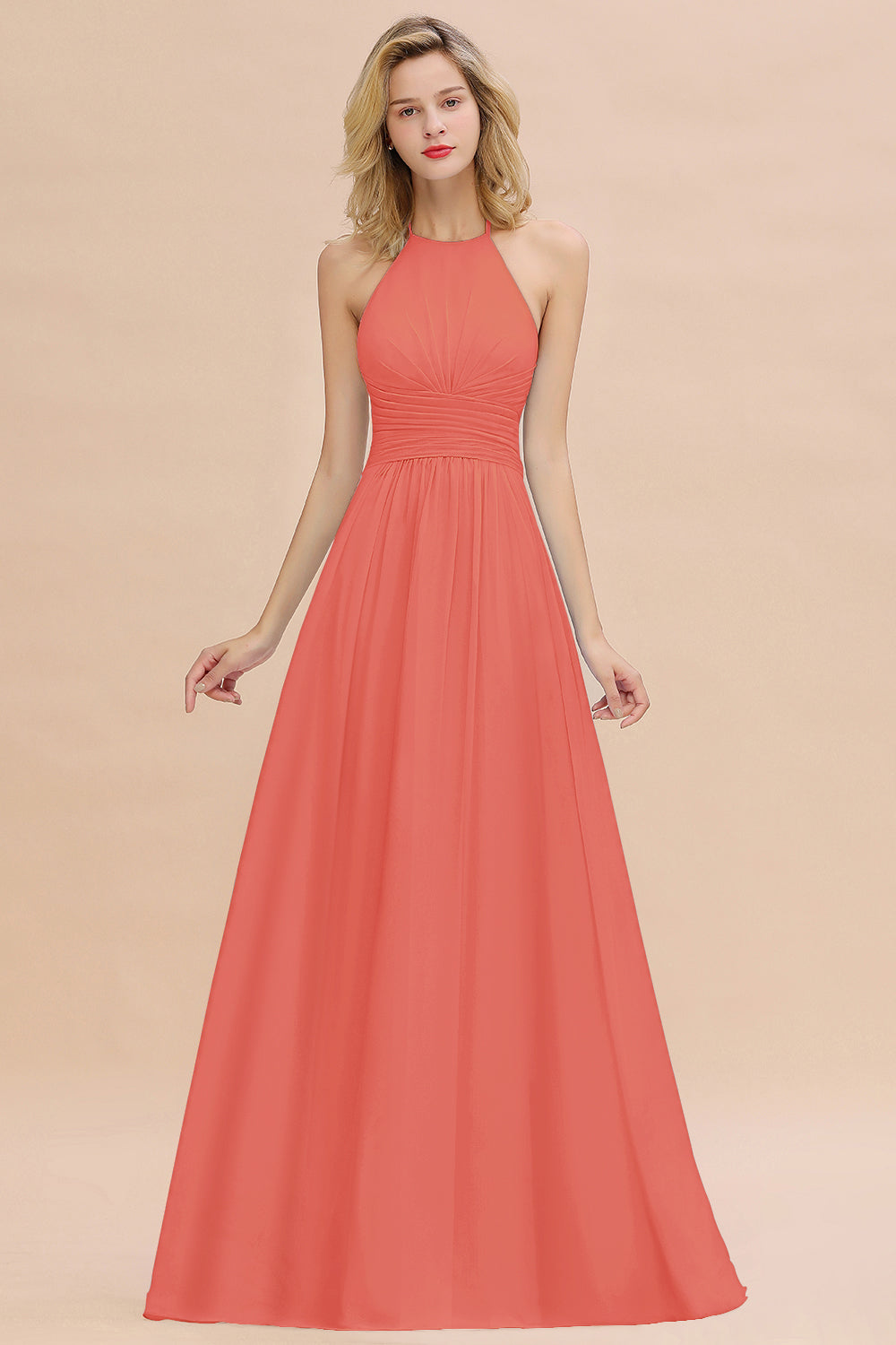 Glamorous Halter Backless Long Affordable Bridesmaid Dresses with Ruffle-Babyonlines