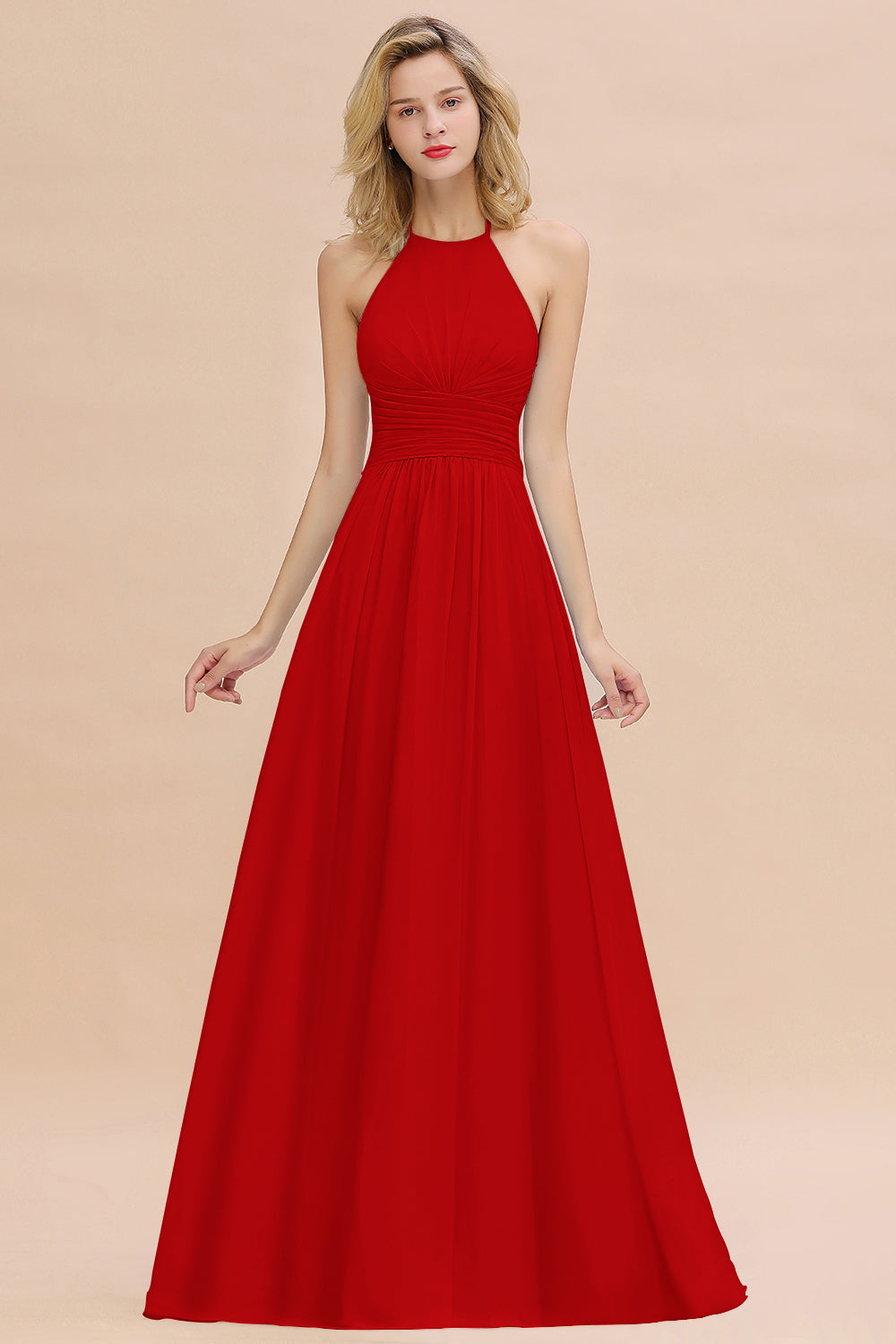 Glamorous Halter Backless Long Affordable Bridesmaid Dresses with Ruffle-Babyonlines