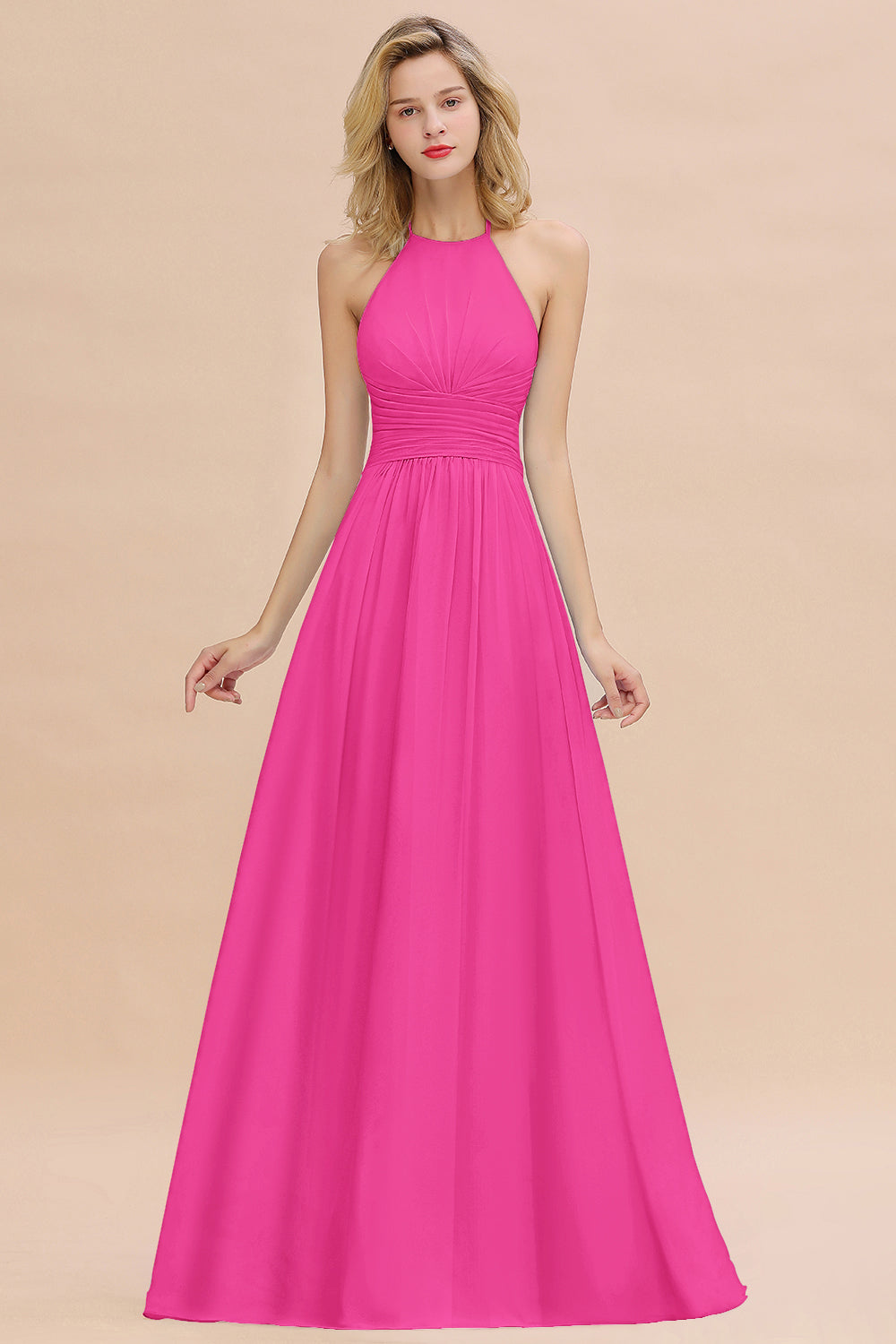 Glamorous Halter Backless Long Affordable Bridesmaid Dresses with Ruffle-Babyonlines