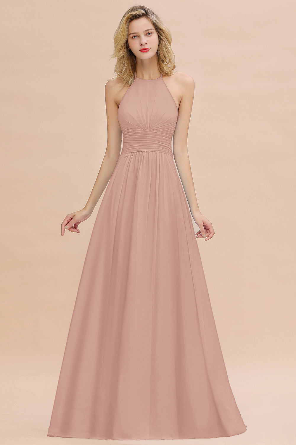Glamorous Halter Backless Long Affordable Bridesmaid Dresses with Ruffle-Babyonlines