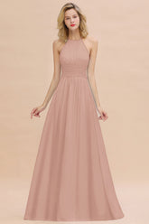 Glamorous Halter Backless Long Affordable Bridesmaid Dresses with Ruffle-Babyonlines