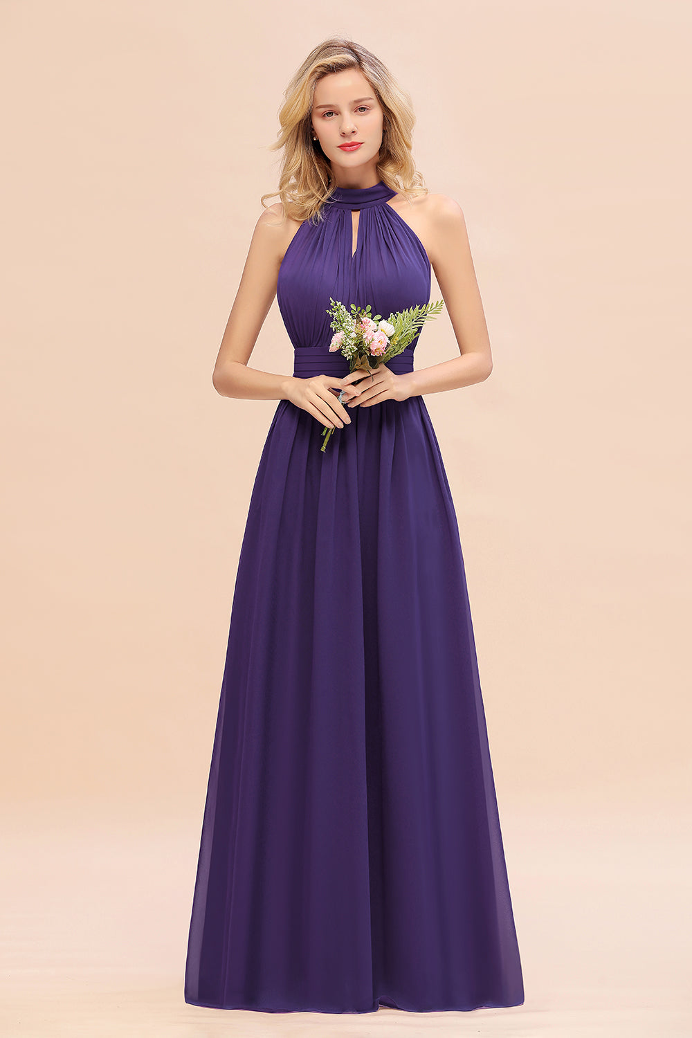 Glamorous High-Neck Halter Bridesmaid Affordable Dresses with Ruffle-Babyonlines