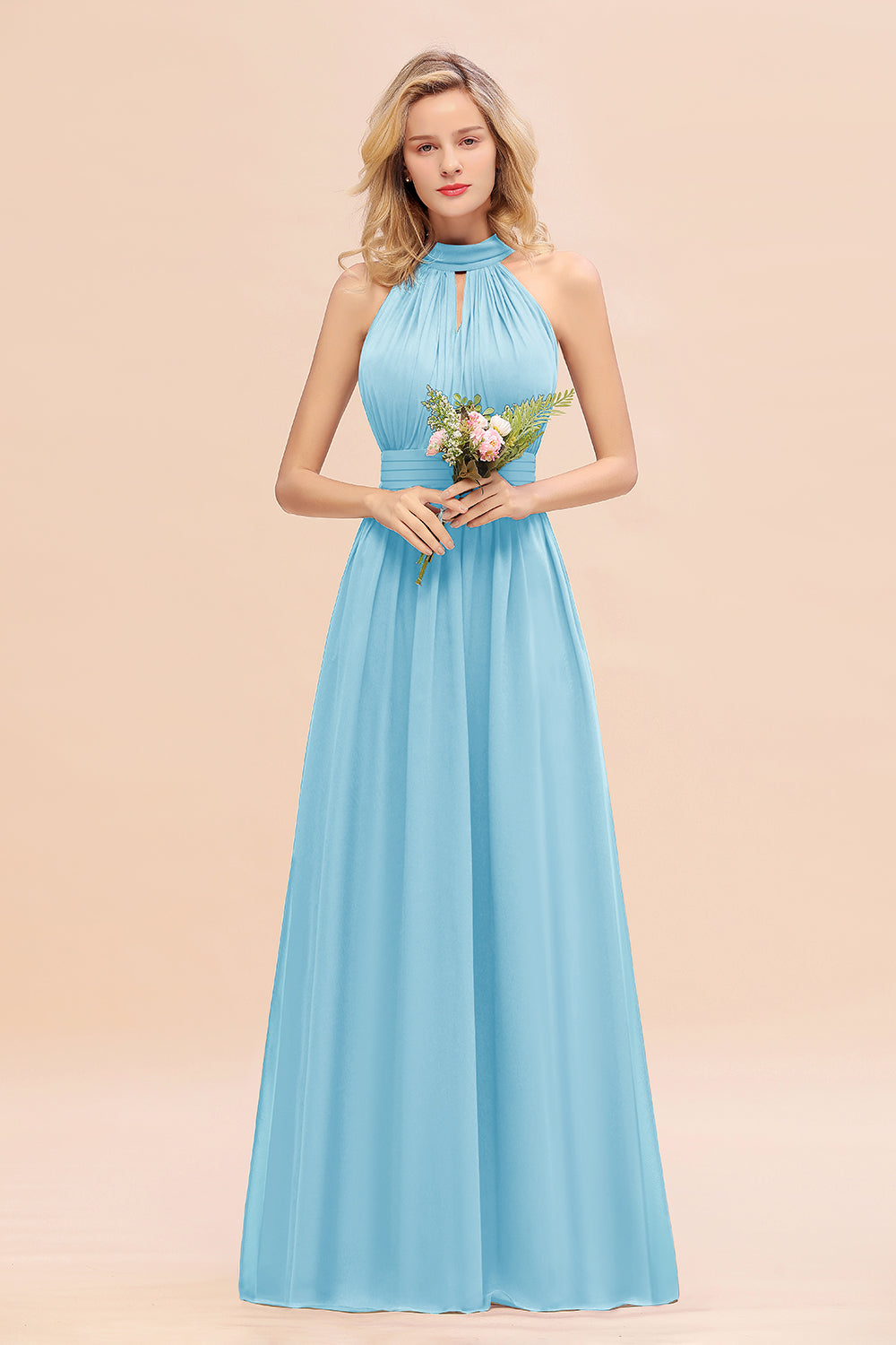 Glamorous High-Neck Halter Bridesmaid Affordable Dresses with Ruffle-Babyonlines