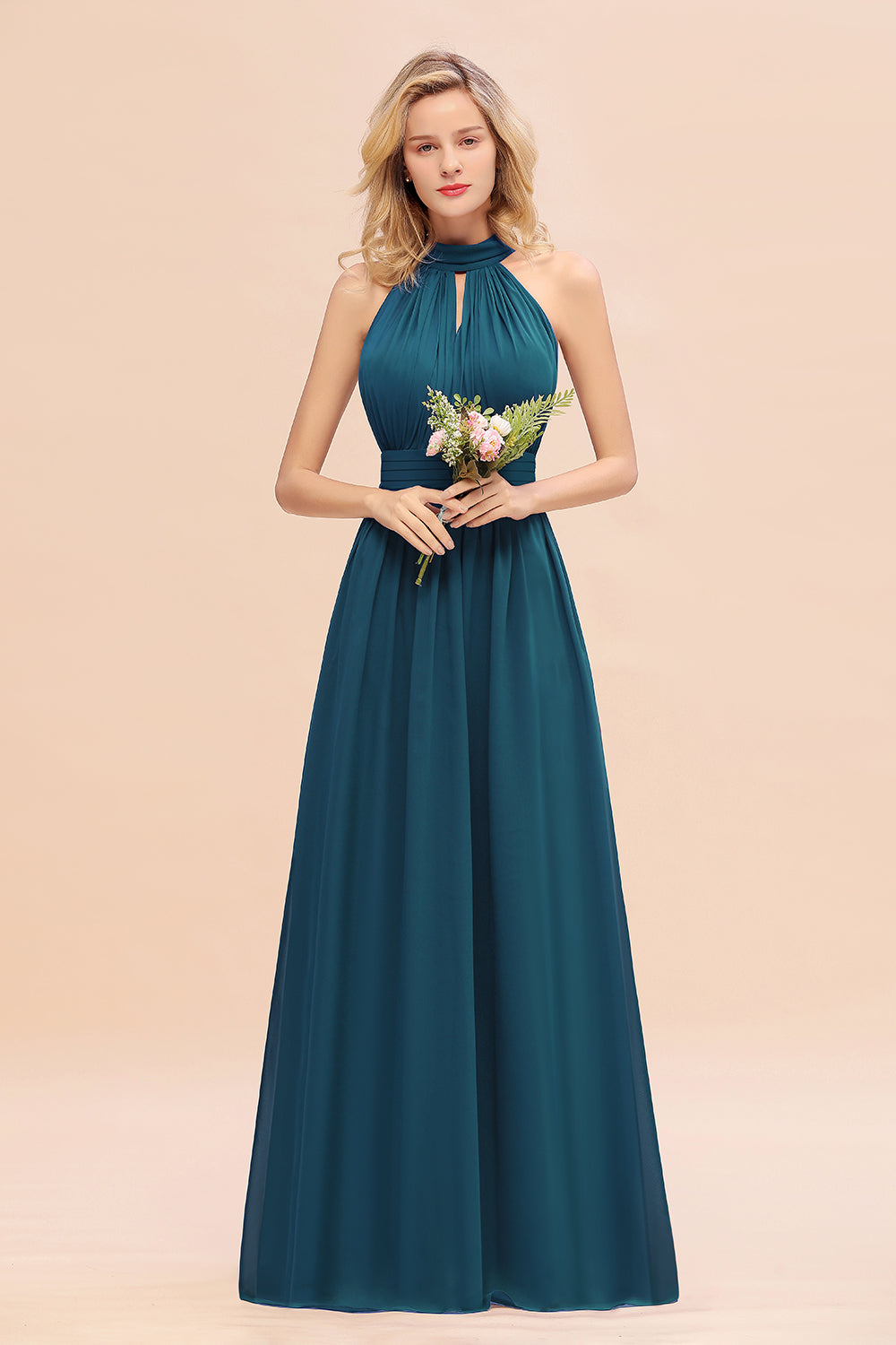 Glamorous High-Neck Halter Bridesmaid Affordable Dresses with Ruffle-Babyonlines
