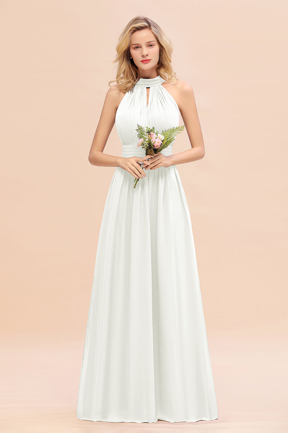 Glamorous High-Neck Halter Bridesmaid Affordable Dresses with Ruffle-Babyonlines