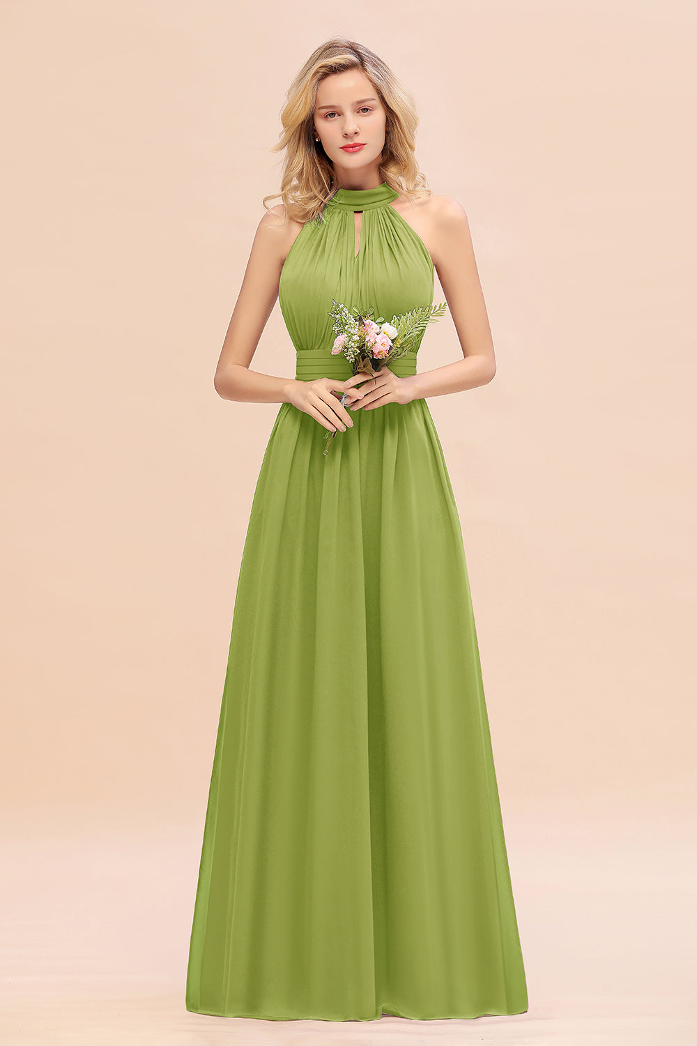 Glamorous High-Neck Halter Bridesmaid Affordable Dresses with Ruffle-Babyonlines