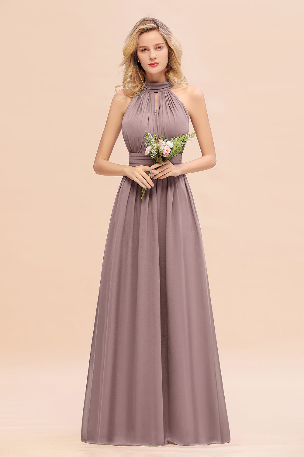 Glamorous High-Neck Halter Bridesmaid Affordable Dresses with Ruffle-Babyonlines