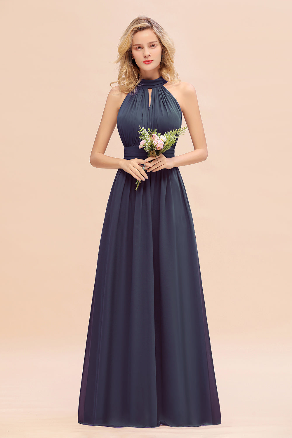 Glamorous High-Neck Halter Bridesmaid Affordable Dresses with Ruffle-Babyonlines