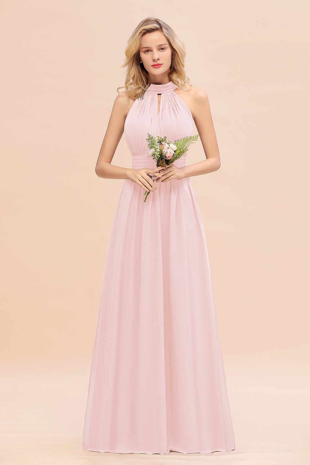 Glamorous High-Neck Halter Bridesmaid Affordable Dresses with Ruffle-Babyonlines