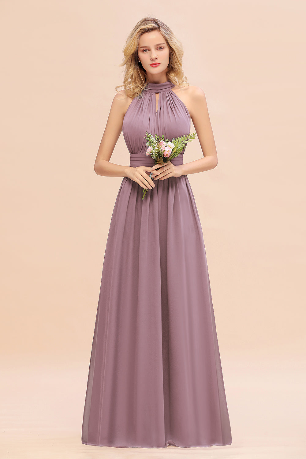 Glamorous High-Neck Halter Bridesmaid Affordable Dresses with Ruffle-Babyonlines