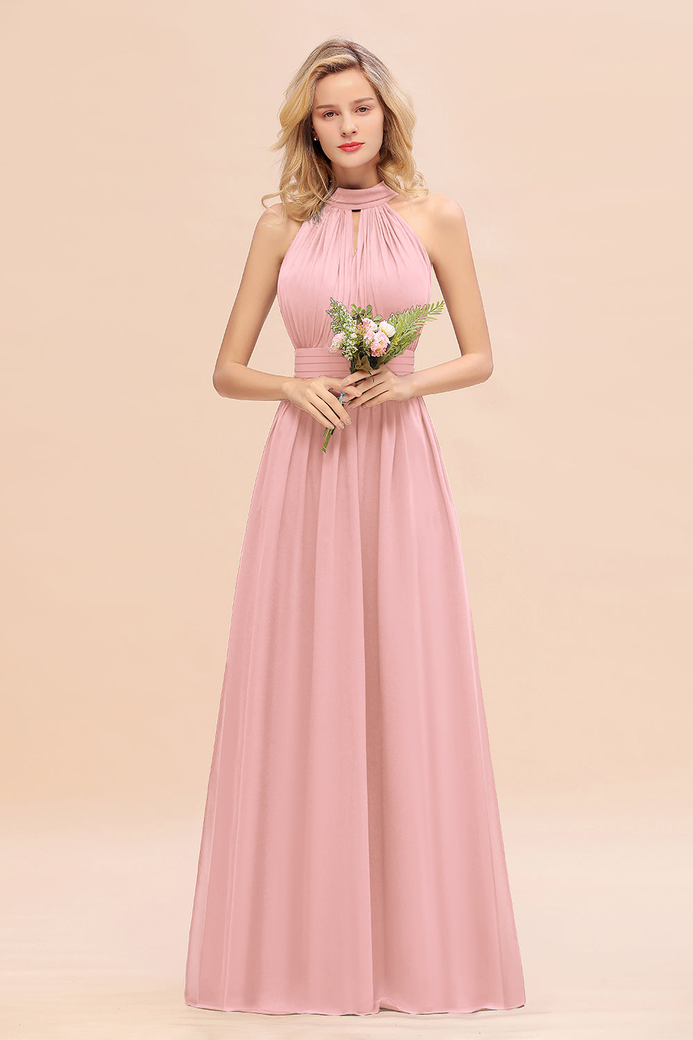 Glamorous High-Neck Halter Bridesmaid Affordable Dresses with Ruffle-Babyonlines