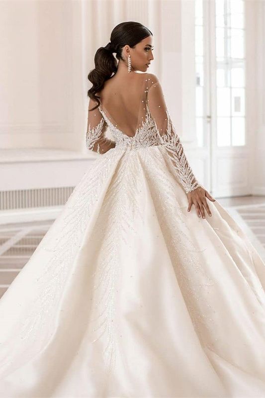 Glamorous Long Sleeve Bateau A-Line Satin Wedding Dress with Crystal and Pearl