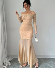 Glamorous Off the Shoulder Long Sleeve Mermaid Prom Dress with Pleats