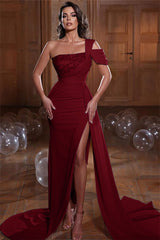 Glamorous One Shoulder Mermaid Evening Dress with Sequins Ruffles and Slit