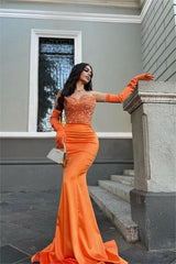 Glamorous Orange Strapless Mermaid Satin Long Prom Dress with Beading and Gloves