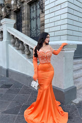 Glamorous Orange Strapless Mermaid Satin Long Prom Dress with Beading and Gloves