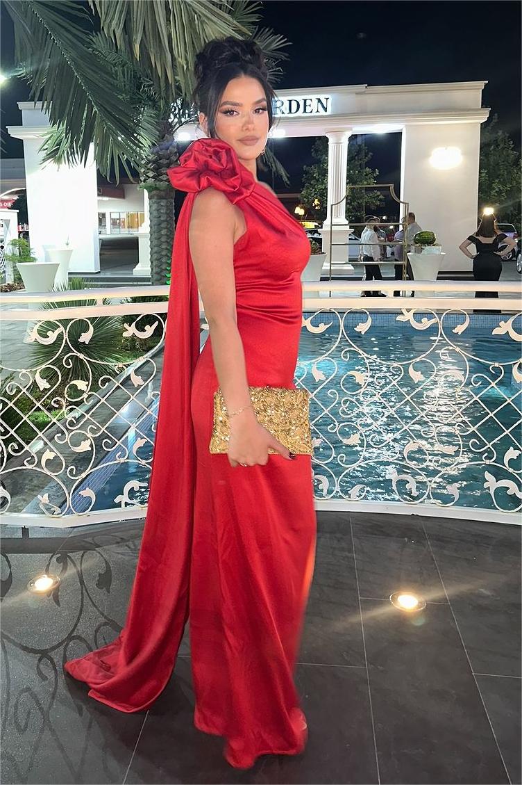 Elegant One Shoulder Red Satin Mermaid Long Prom Dress with Pleated