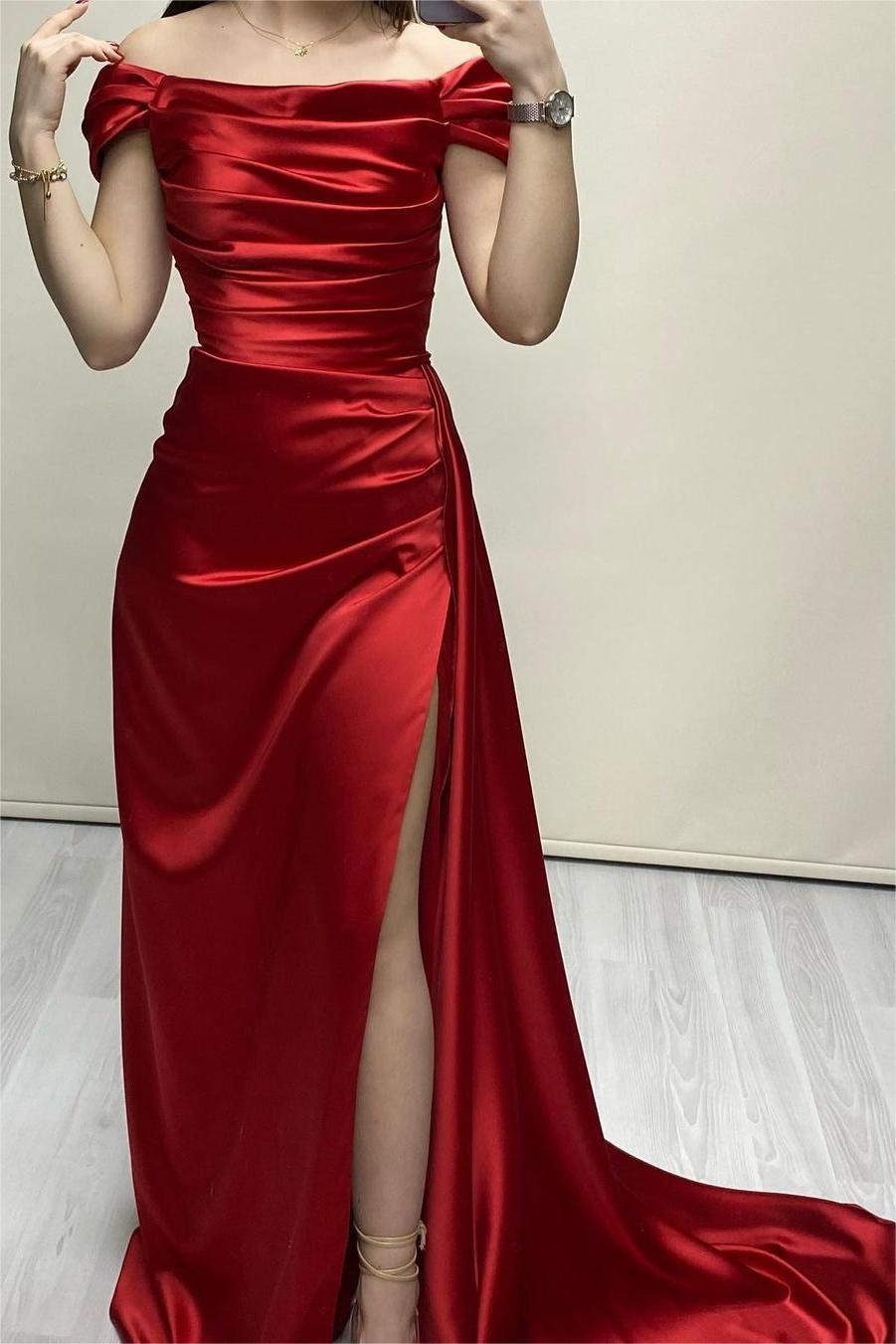 Glamorous Red Satin Off the Shoulder Long Prom Dress with Split and Pleated