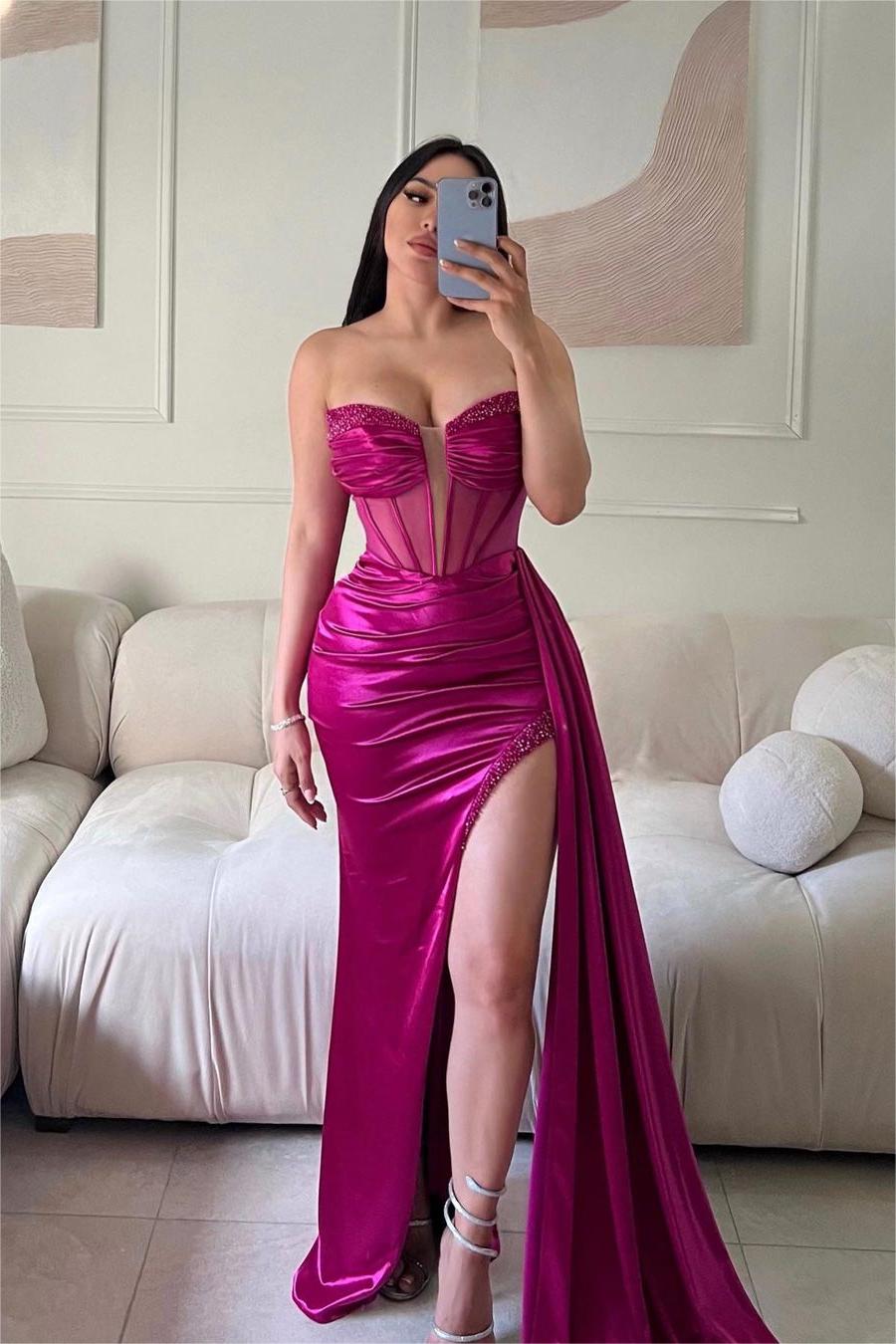 Glamorous Red Strapless Long Prom Dress with Sequins, Split and Pleated