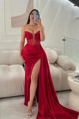 Glamorous Red Strapless Long Prom Dress with Sequins, Split and Pleated