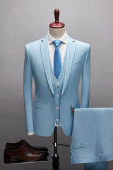 Glamorous Sky Blue Three-Piece Marriage Blazer Prom Suit with Notched Lapel
