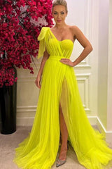 Glamorous One Shoulder Tulle A-Line Long Prom Dress with Split