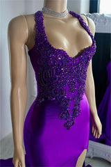 Glamorous Halter Satin Mermaid Long Prom Dress with Beading and Split