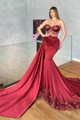 Glamorous Strapless Mermaid Long Prom Dress with Embroidery and Pleated
