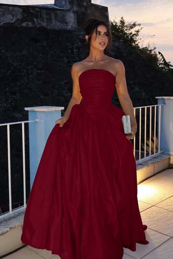 Glamorous Strapless Long Prom Dress with Pleated Details