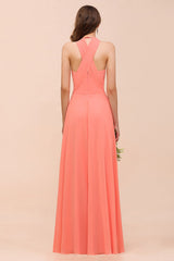 Glamorous V-Neck Coral Chiffon Bridesmaid Dress Affordable with Ruffle-Babyonlines