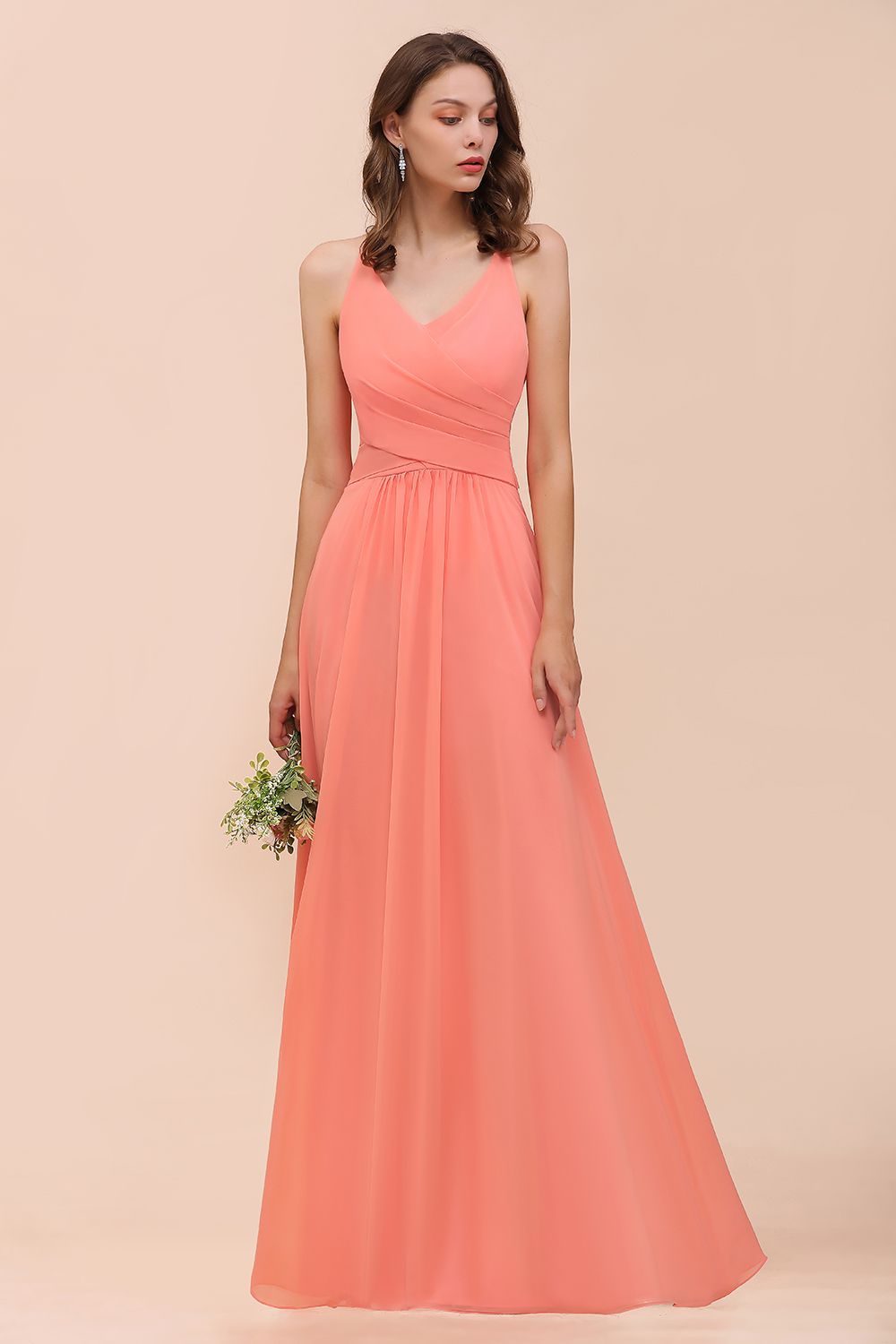 Glamorous V-Neck Coral Chiffon Bridesmaid Dress Affordable with Ruffle-Babyonlines