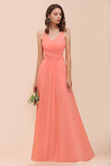 Glamorous V-Neck Coral Chiffon Bridesmaid Dress Affordable with Ruffle-Babyonlines