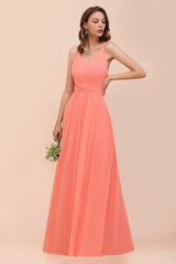 Glamorous V-Neck Coral Chiffon Bridesmaid Dress Affordable with Ruffle-Babyonlines