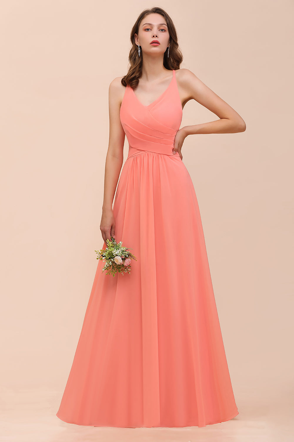 Glamorous V-Neck Coral Chiffon Bridesmaid Dress Affordable with Ruffle-Babyonlines