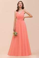 Glamorous V-Neck Coral Chiffon Bridesmaid Dress Affordable with Ruffle-Babyonlines