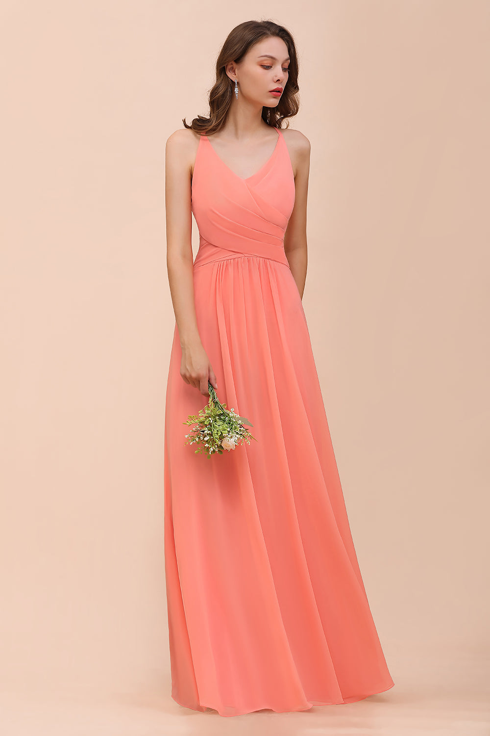 Glamorous V-Neck Coral Chiffon Bridesmaid Dress Affordable with Ruffle-Babyonlines