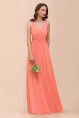Glamorous V-Neck Coral Chiffon Bridesmaid Dress Affordable with Ruffle-Babyonlines