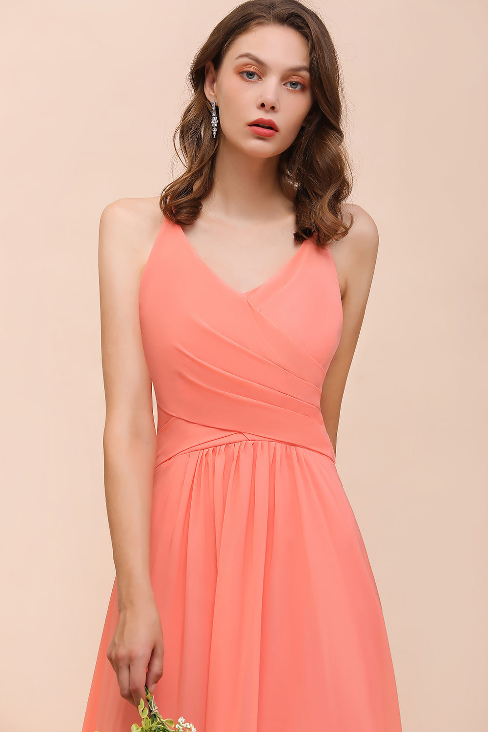 Glamorous V-Neck Coral Chiffon Bridesmaid Dress Affordable with Ruffle-Babyonlines