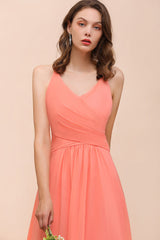 Glamorous V-Neck Coral Chiffon Bridesmaid Dress Affordable with Ruffle-Babyonlines