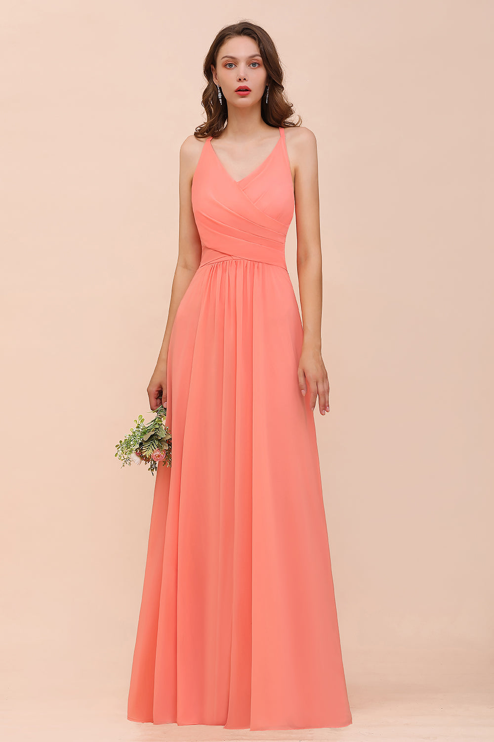 Glamorous V-Neck Coral Chiffon Bridesmaid Dress Affordable with Ruffle-Babyonlines
