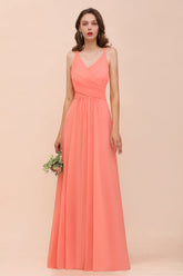 Glamorous V-Neck Coral Chiffon Bridesmaid Dress Affordable with Ruffle-Babyonlines